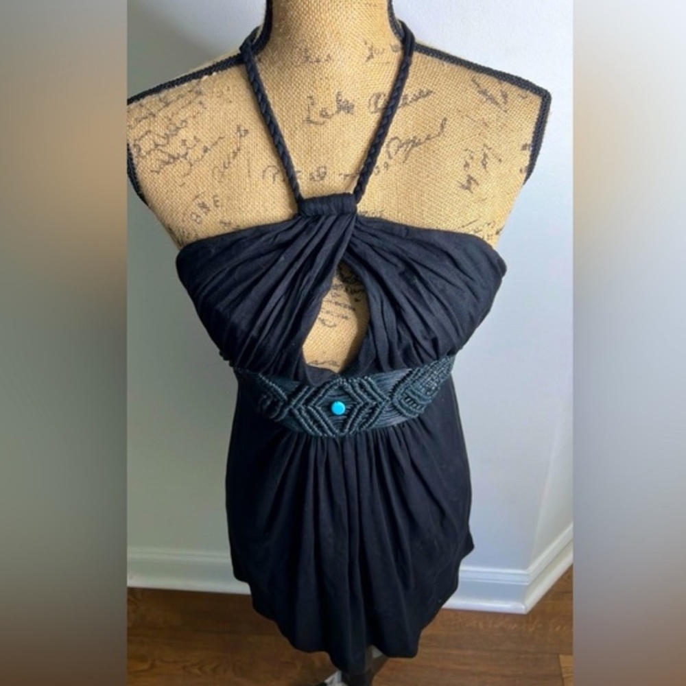 Black Keyhole Halter Dress Crocheted Turquoise Stone Empress Belt Embellishment - Picture 3 of 7
